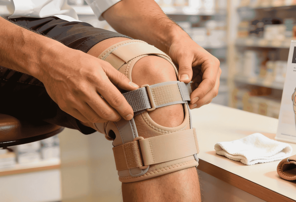 Réglage des sangles d'une genouillère sur un patient à la Pharmacie Merceron Capbreton