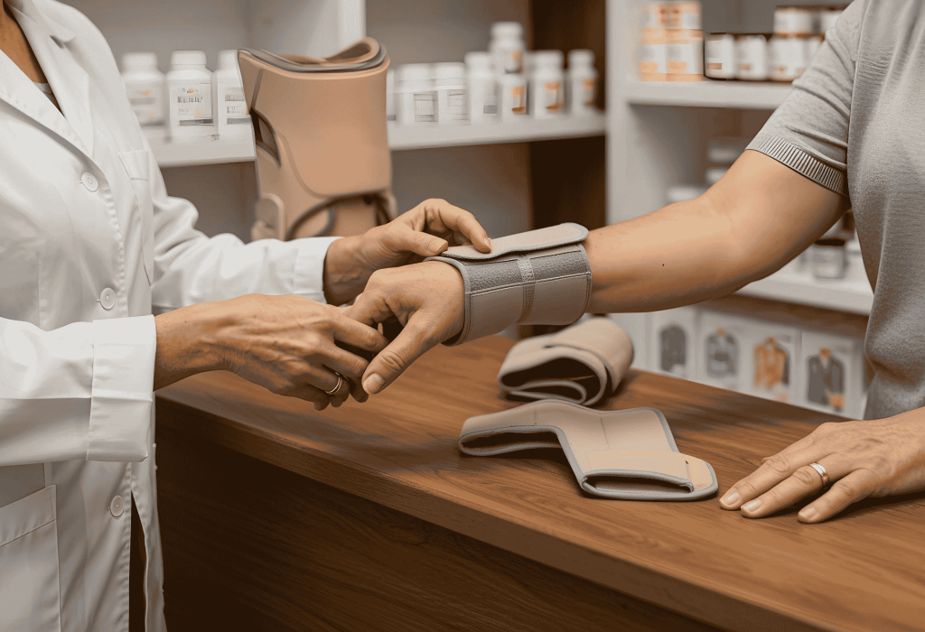 Pharmacien ajustant une attelle de poignet sur un patient au comptoir de la Pharmacie Merceron à Capbreton