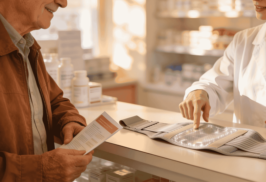 Pharmacien présentant une ceinture lombaire à un patient senior tenant un guide d'entretien à la Pharmacie Merceron