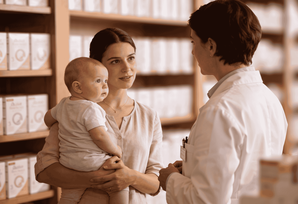 Pharmacien échangeant avec une jeune maman portant son bébé devant les rayons de lait infantile à Capbreton