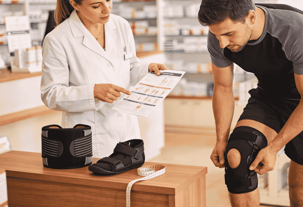 Pharmacienne expliquant le guide d'utilisation d'une genouillère à un sportif avec ceinture lombaire et botte de marche sur le comptoir