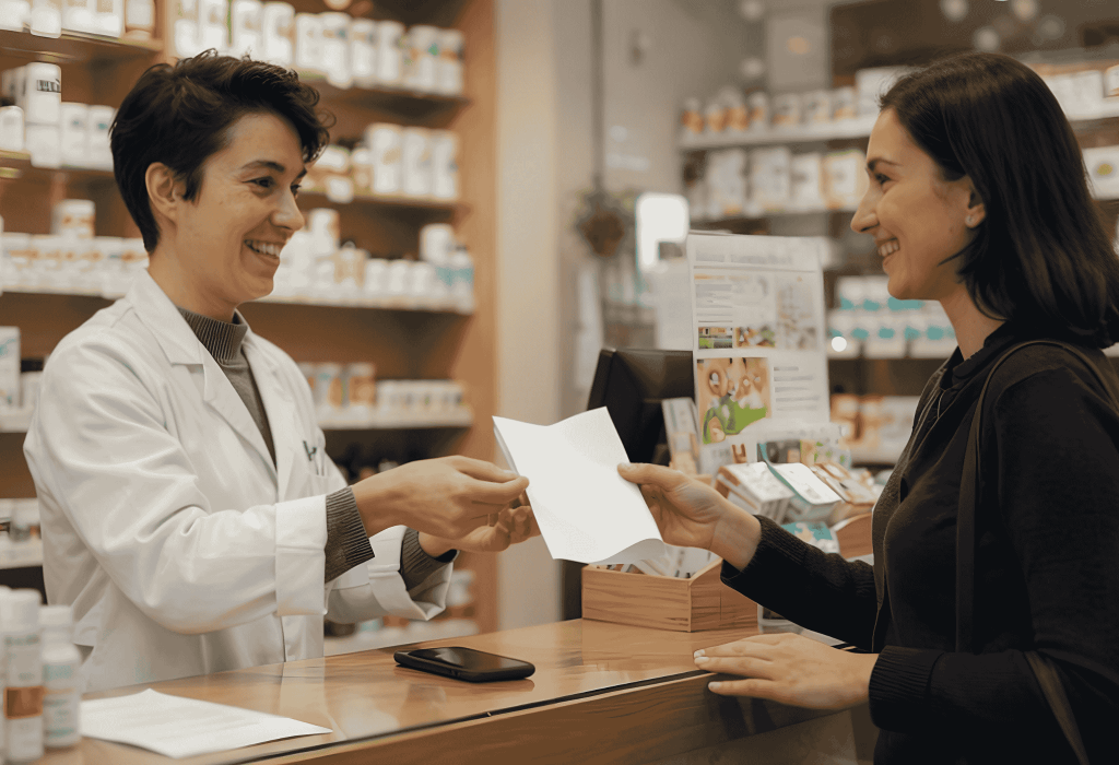 Pharmacienne souriante remettant une ordonnance à une cliente au comptoir de la Pharmacie Merceron à Capbreton