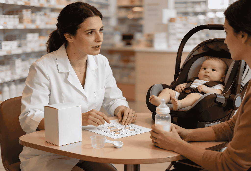 Pharmacienne expliquant la préparation du biberon à une maman avec son bébé en cosy à la Pharmacie Merceron Capbreton