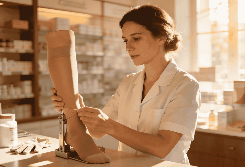 Pharmacienne ajustant un bas de contention sur un mannequin de jambe avec gants de pose à la Pharmacie Merceron Capbreton