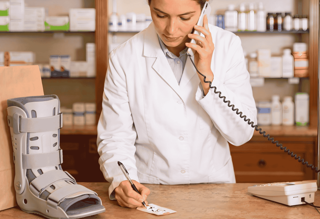 Pharmacienne au téléphone réservant une botte de marche et notant les informations à la Pharmacie Merceron Capbreton