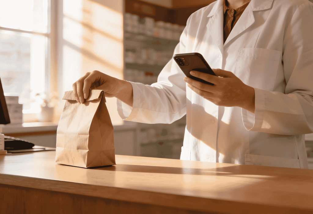 Pharmacien préparant un sac de cosmetique bio de commande réservée par téléphone à la Pharmacie Merceron Capbreton