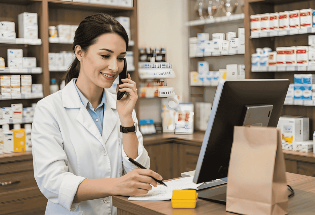 Pharmacienne au téléphone prenant une réservation et notant les informations à la Pharmacie Merceron Capbreton